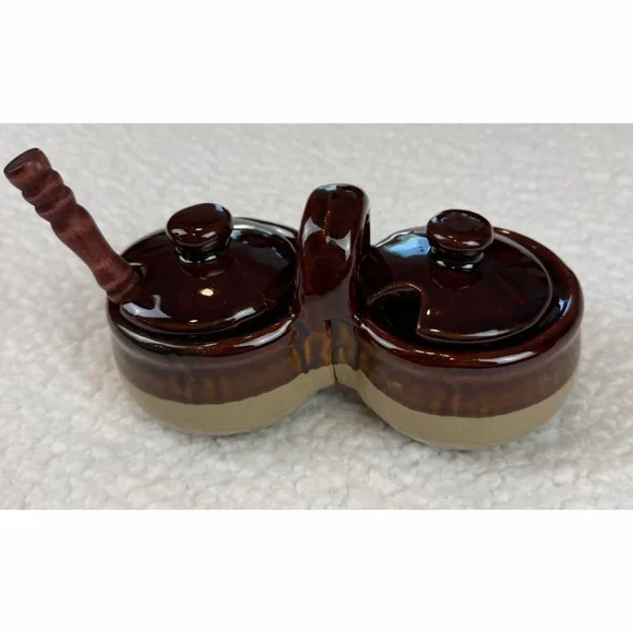 (VTG) Brown/Tan Ceramic Double Condiment Caddy Dish with Spoon - Picture 14 of 14